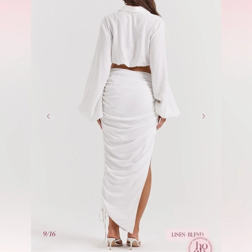 New House of CB Loie Gathered Maxi Skirt White Linen Blend Ruched Slit Sz XS